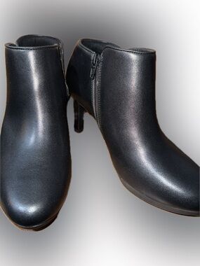 Clarks Black Leather Ankle Booties with Side Zip